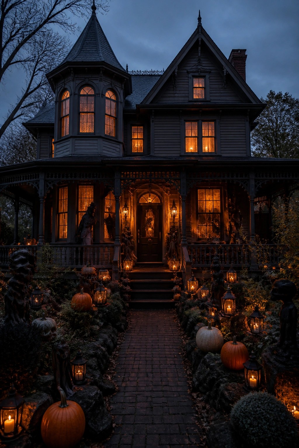 Victorian house front with multiple white ghost figures and glowing lanterns lining the brick walkway and porch at dusk.