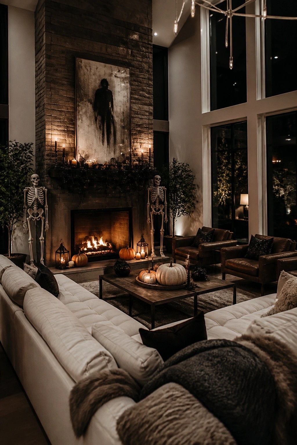 Living room fireplace styled for Halloween with two full-size skeletons flanking the mantel, candles, pumpkins, and a large dark painting above the fire.