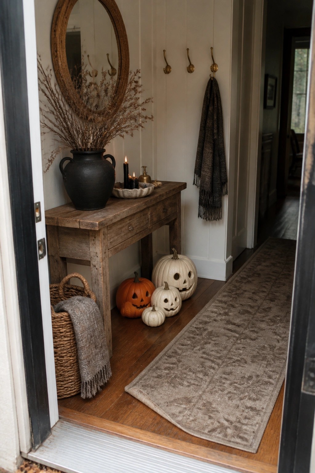 Rustic wooden console table with dried branches, lit candles, and carved pumpkins in entryway