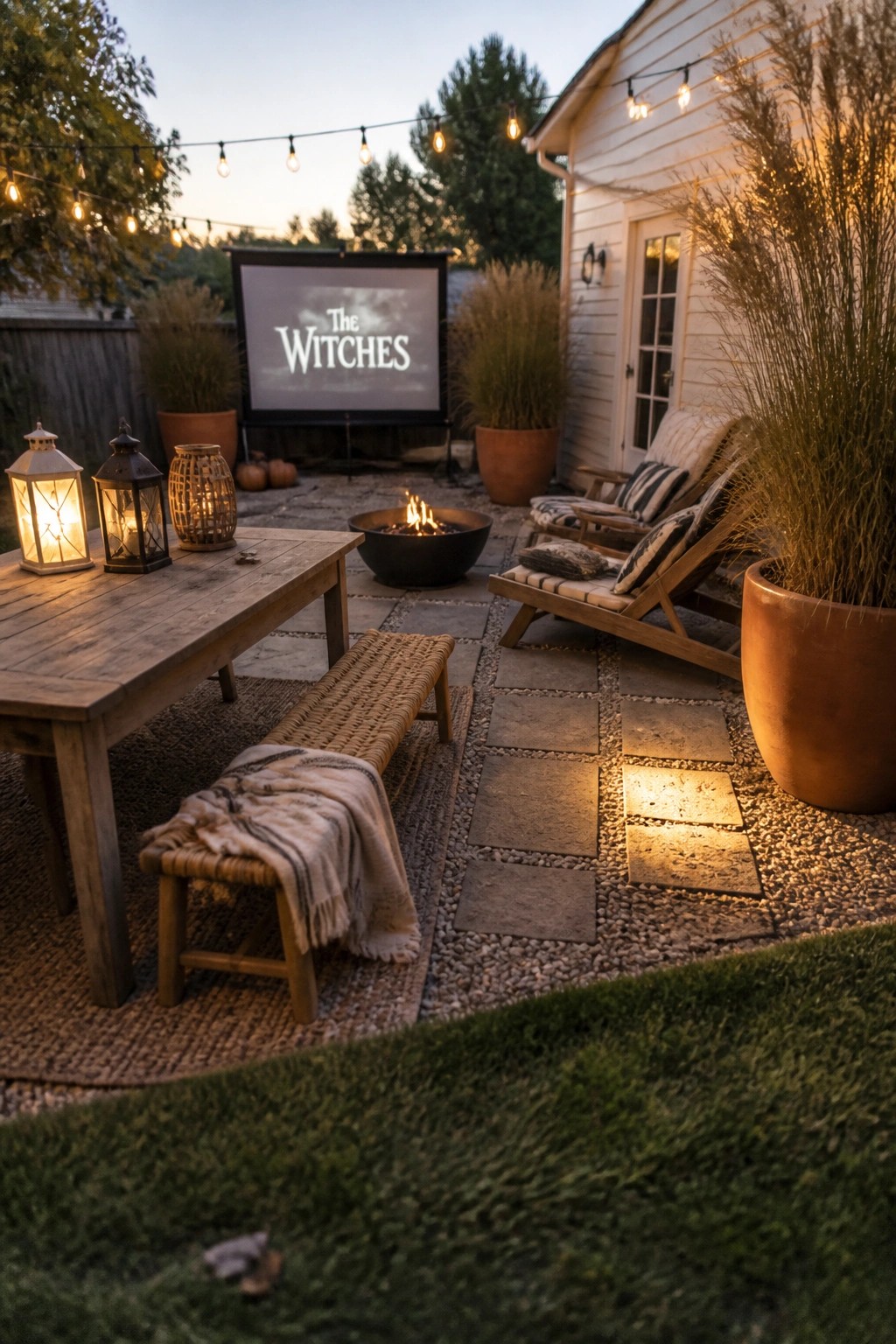 A backyard patio at dusk with a large projector screen showing The Witches, wooden lounge chairs, a fire pit, string lights, and several lanterns on a wooden table.