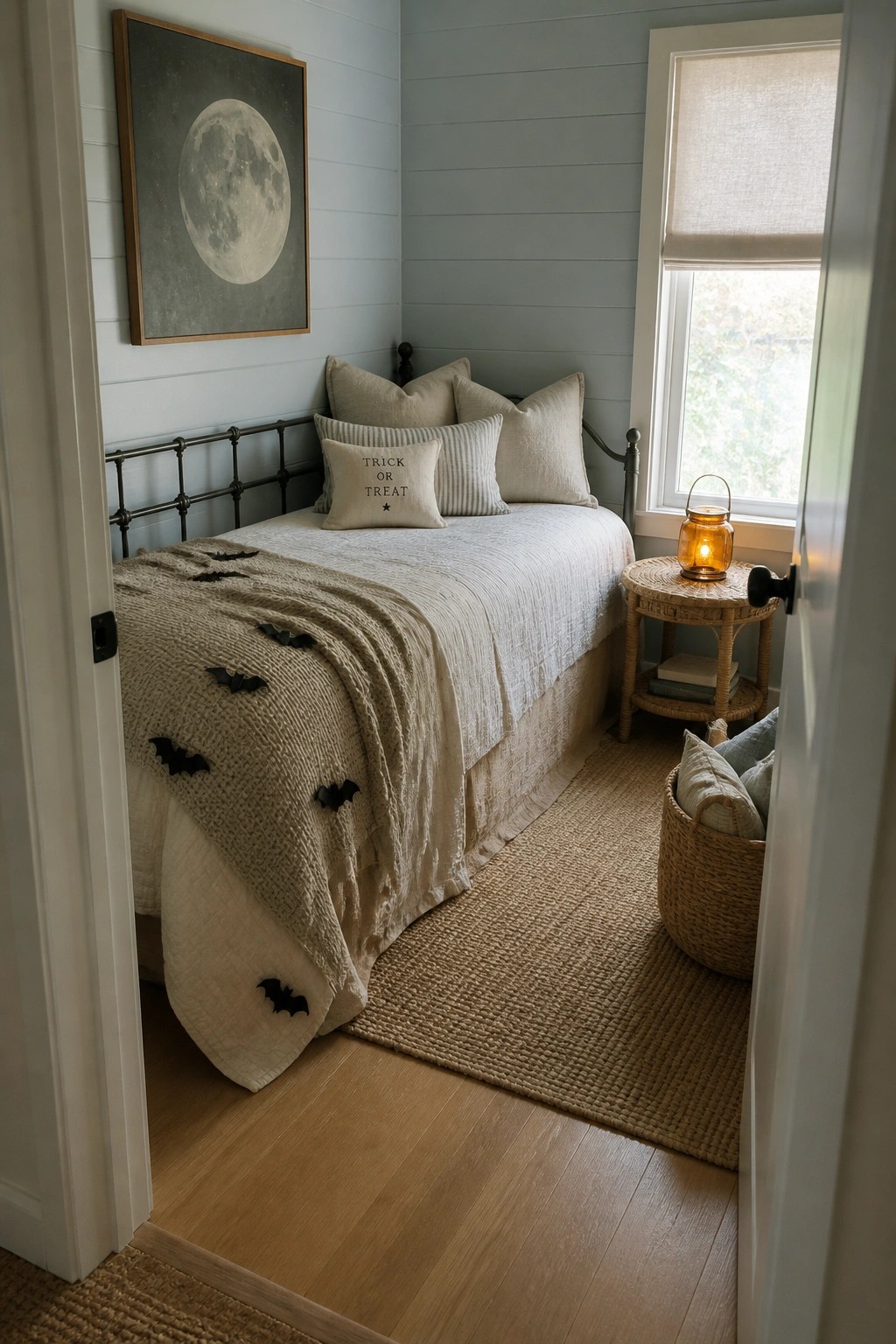 Cozy bedroom with bat-decorated blanket, trick-or-treat pillow, moon art, and woven rug
