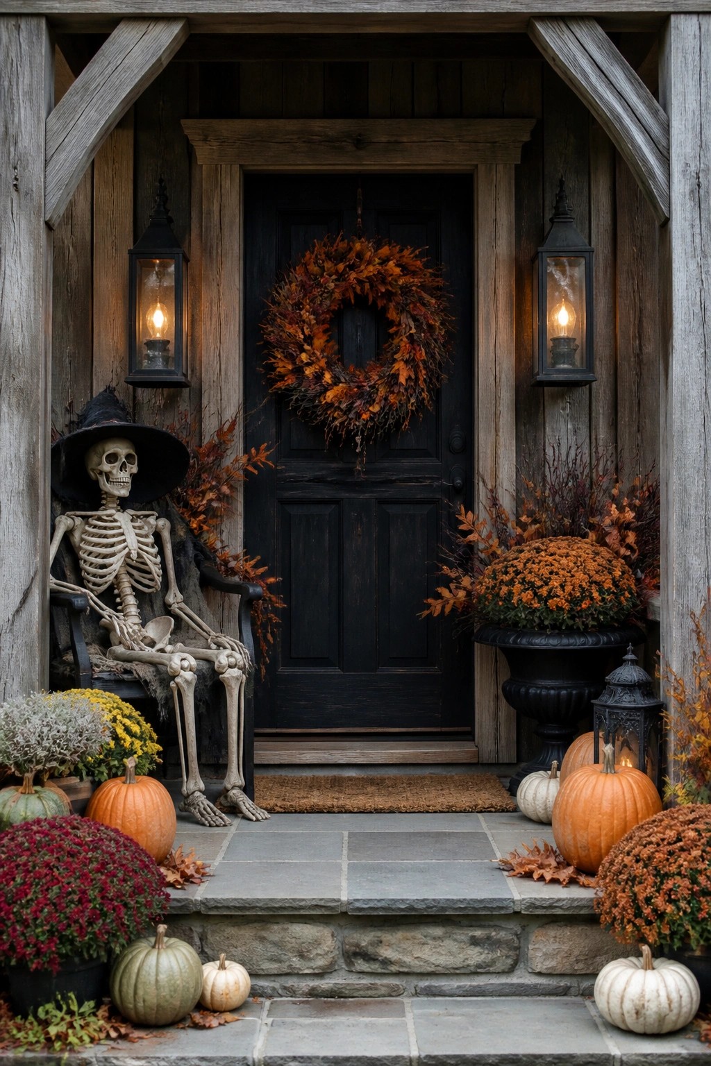 Front porch featuring a skeleton in a witch hat seated in a chair next to a black door with a fall wreath and surrounded by pumpkins and mums.