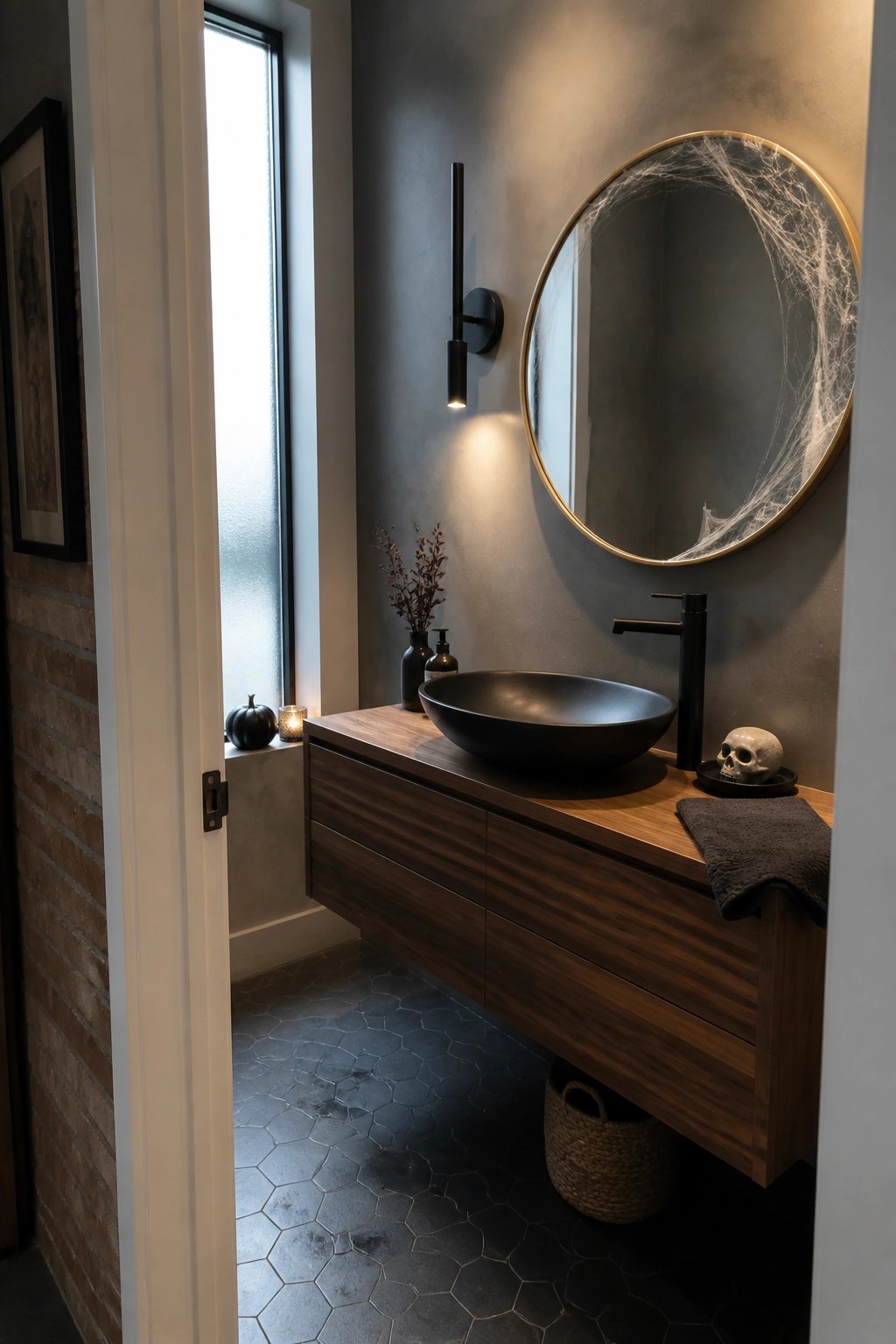 A modern bathroom with a round mirror covered in fake spiderwebs, a black vessel sink on a wood vanity, and a small skull on the counter.