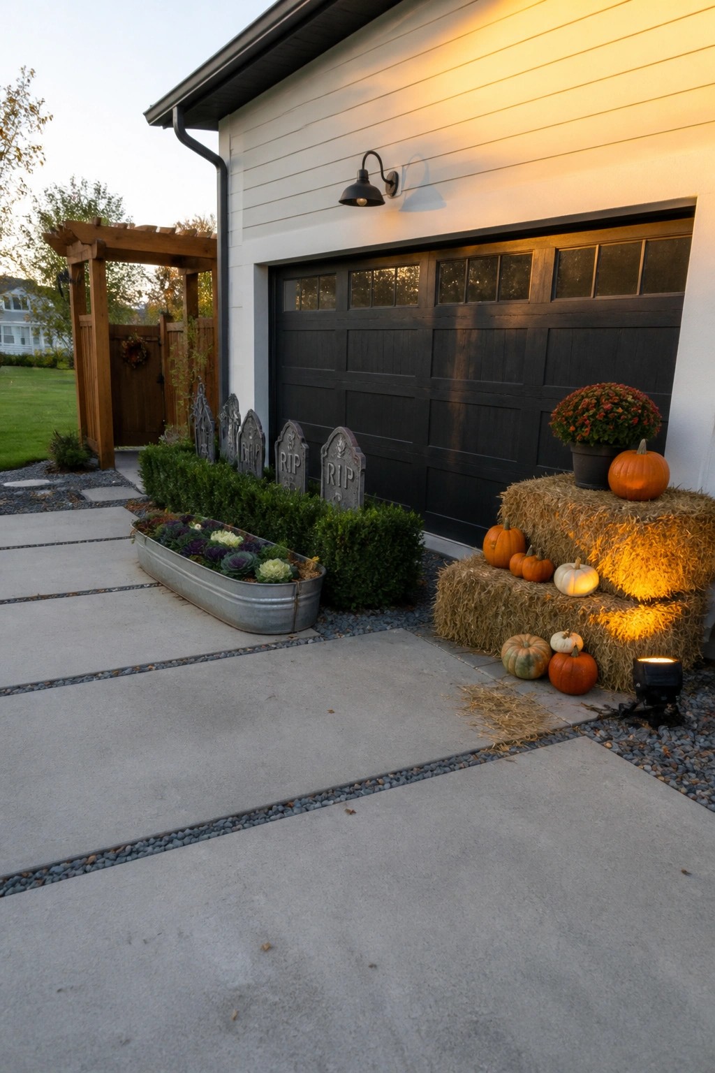 House garage with pumpkins on hay bales, RIP gravestones, and autumn flowers at dusk