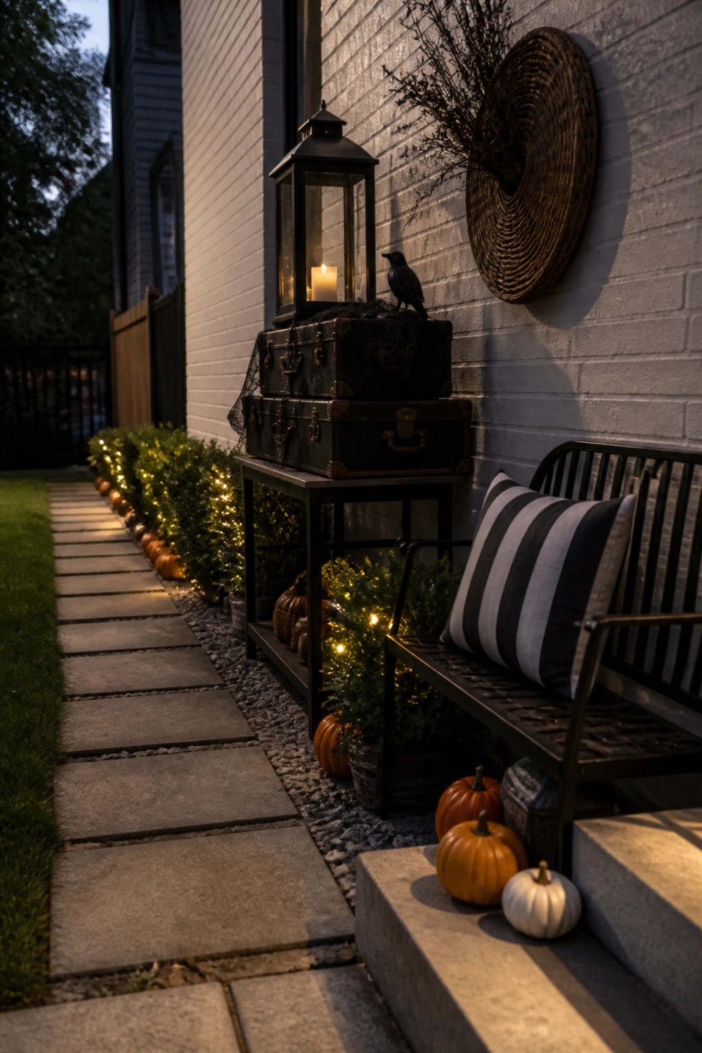 A front porch scene shows stacked black trunks on a console table holding a lit lantern and a small bird figure, with a striped pillow on a black bench, small pumpkins on the steps, and string lights along a stone path.