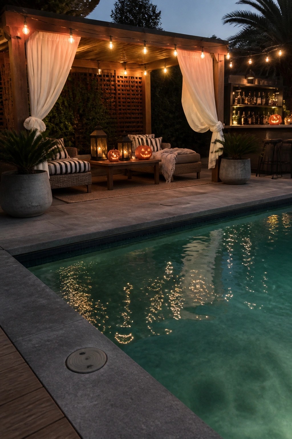 An outdoor poolside patio at dusk featuring a wooden pergola with string lights, white curtains, seating areas, carved pumpkins, and a bar.