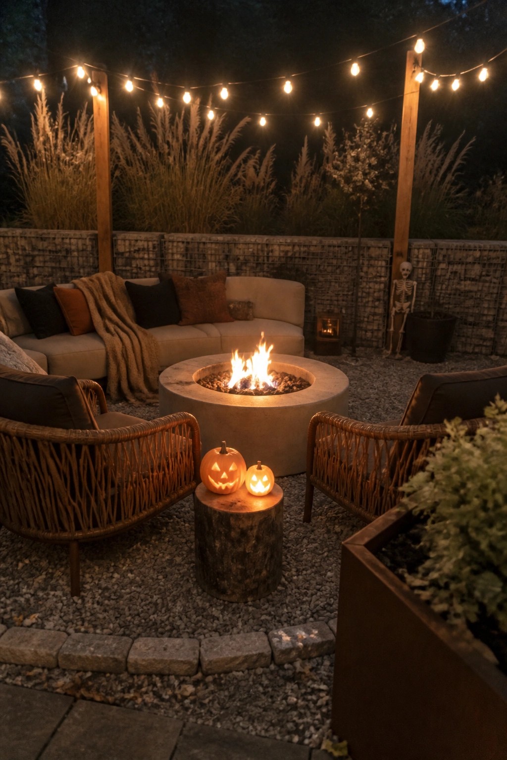 An outdoor patio at night features a round stone fire pit with flames, two lit jack-o'-lanterns on a tree stump, wicker armchairs, a curved sofa, and string lights hung between wooden posts.