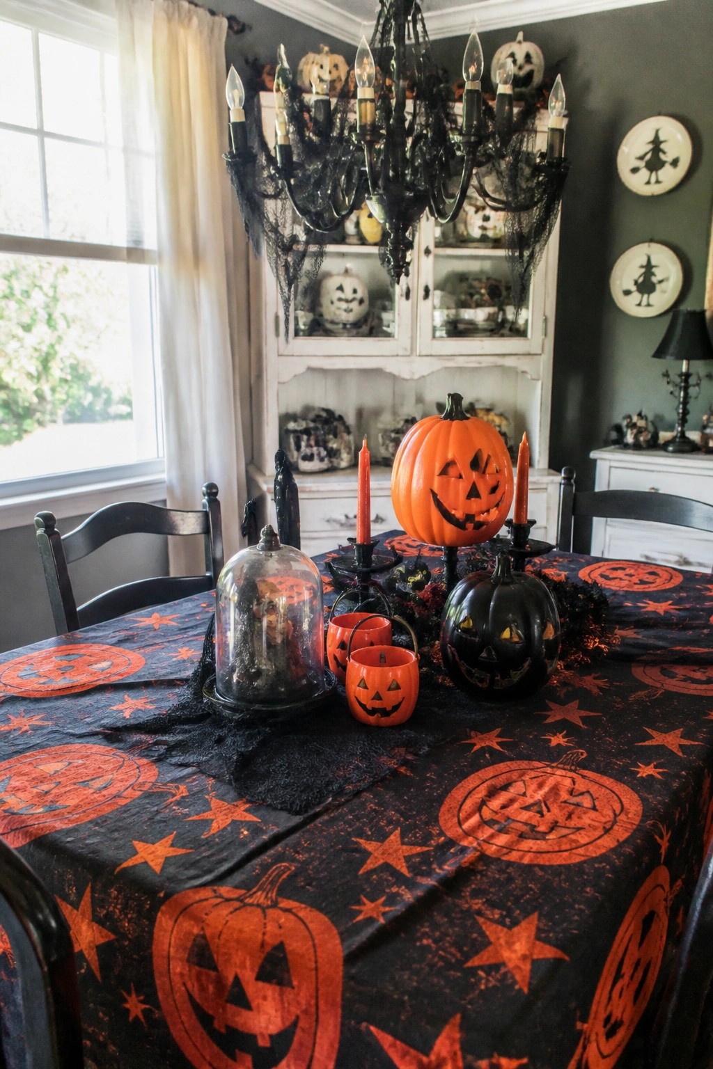 Dining table covered with a pumpkin patterned cloth, featuring orange and black jack-o'-lanterns, red candles, and black netting.