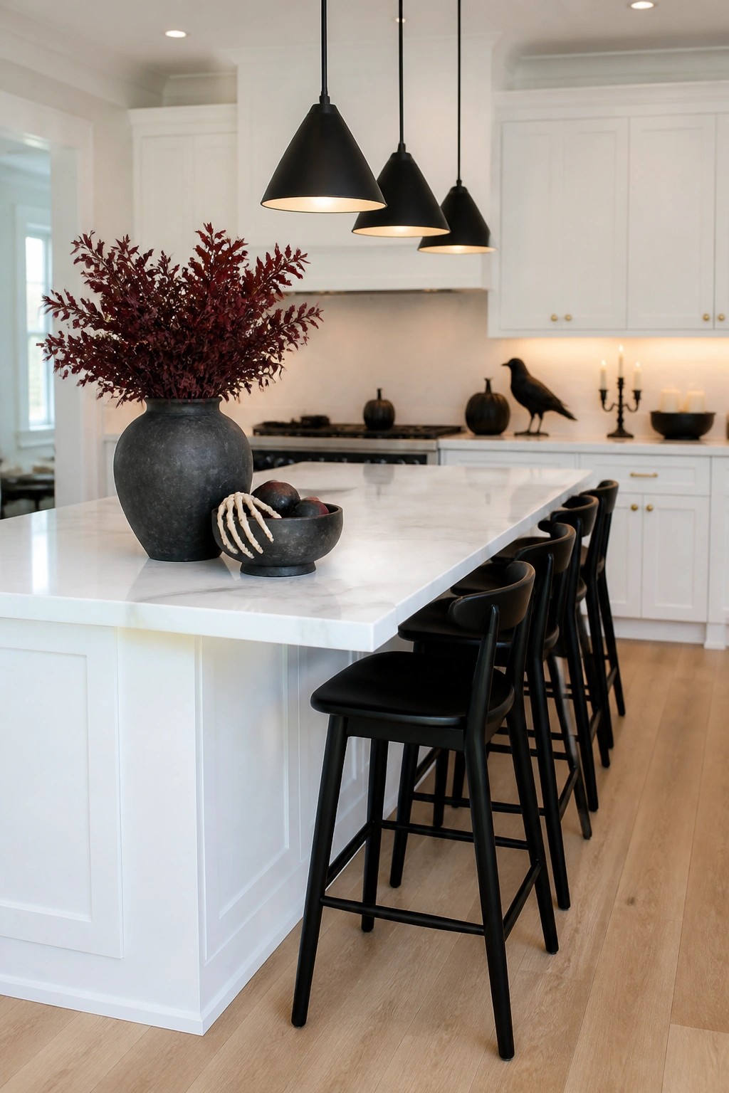 Modern white kitchen island with marble top, black stools, and pendant lights.