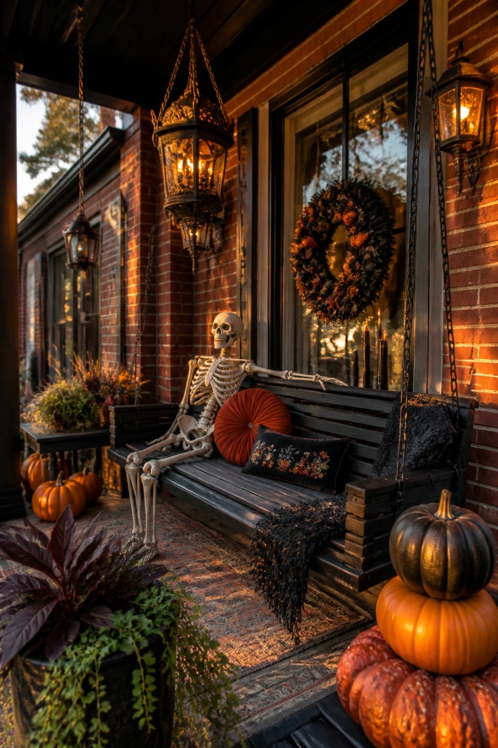Skeleton seated on a wooden porch swing with pillows, pumpkins, and lanterns on a brick front porch.
