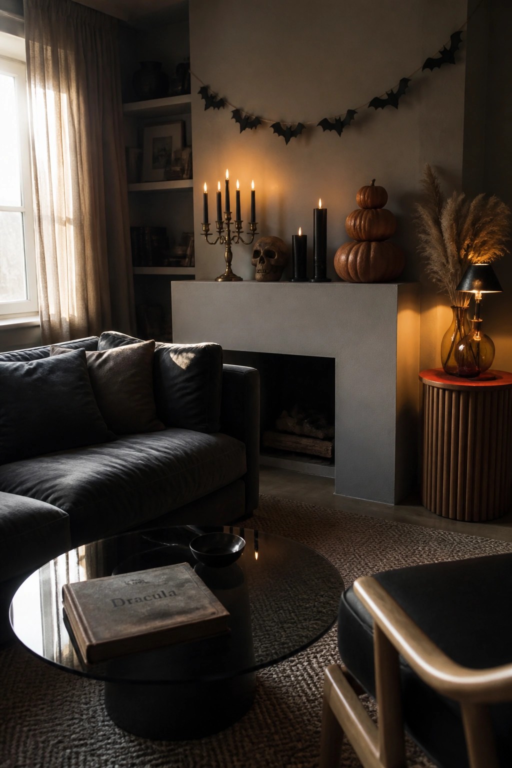 Dark living room with sofa, candlelit fireplace, stacked pumpkins, bat garland, and Dracula book.