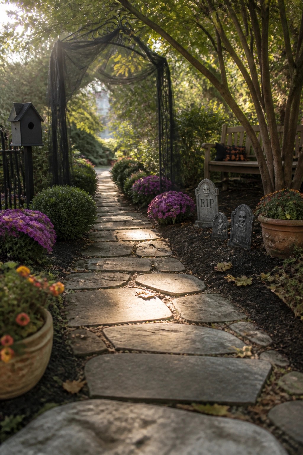 A stone garden path lined with purple flowers and small decorative Halloween tombstones placed along the edges.