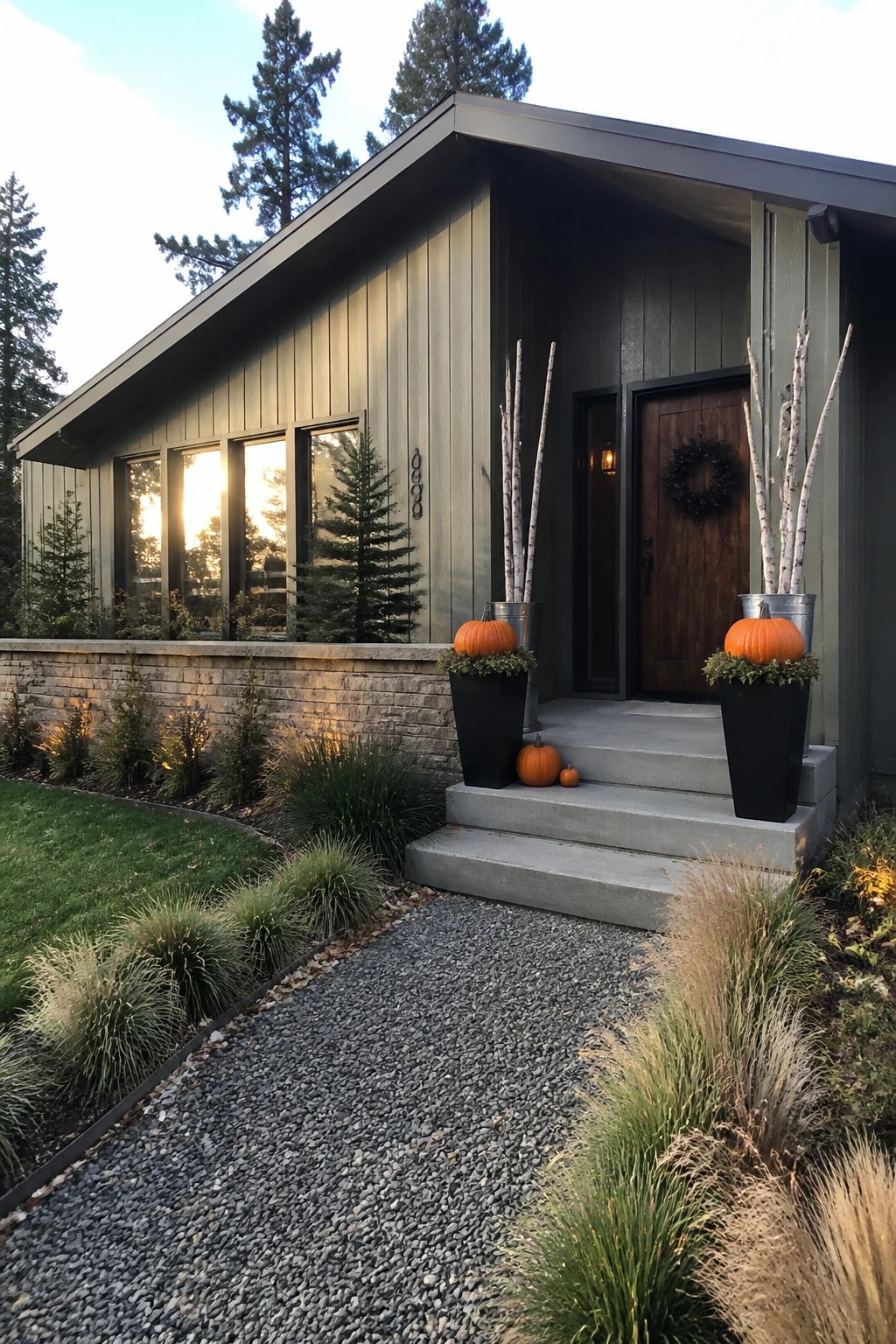 Modern house exterior with dark green siding, wooden front door, concrete steps, and two black planters holding orange pumpkins beside the entrance.