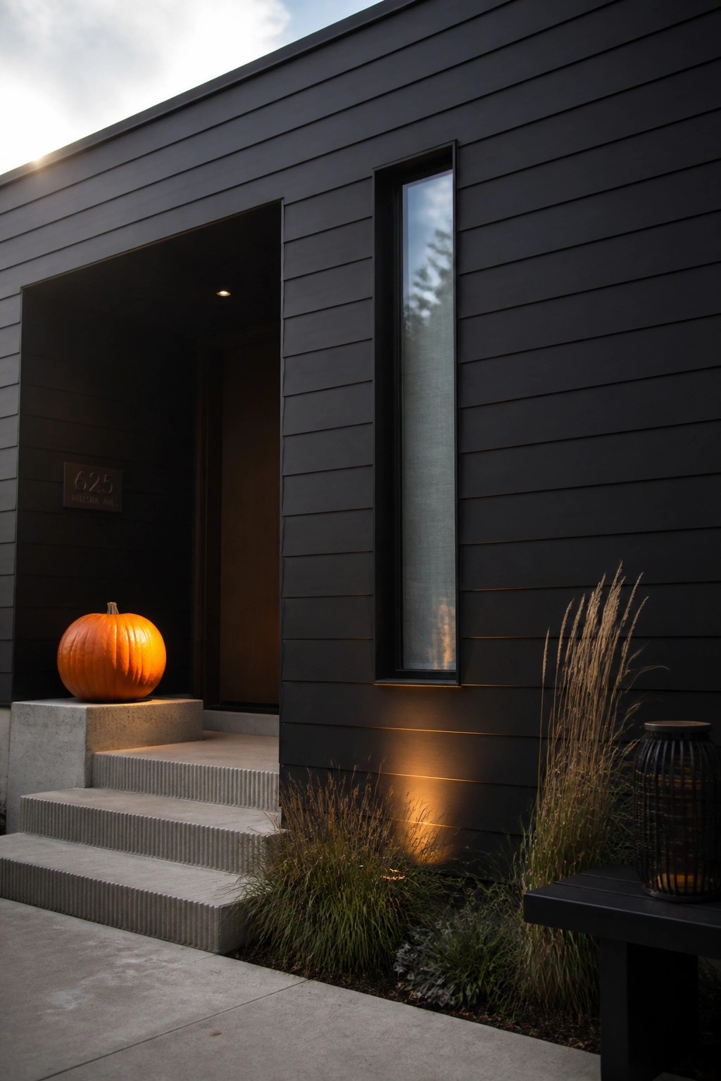 A modern house with dark horizontal siding shows an open front door, concrete steps with a large orange pumpkin on the left side, and a tall narrow window beside dried grasses and a lantern.