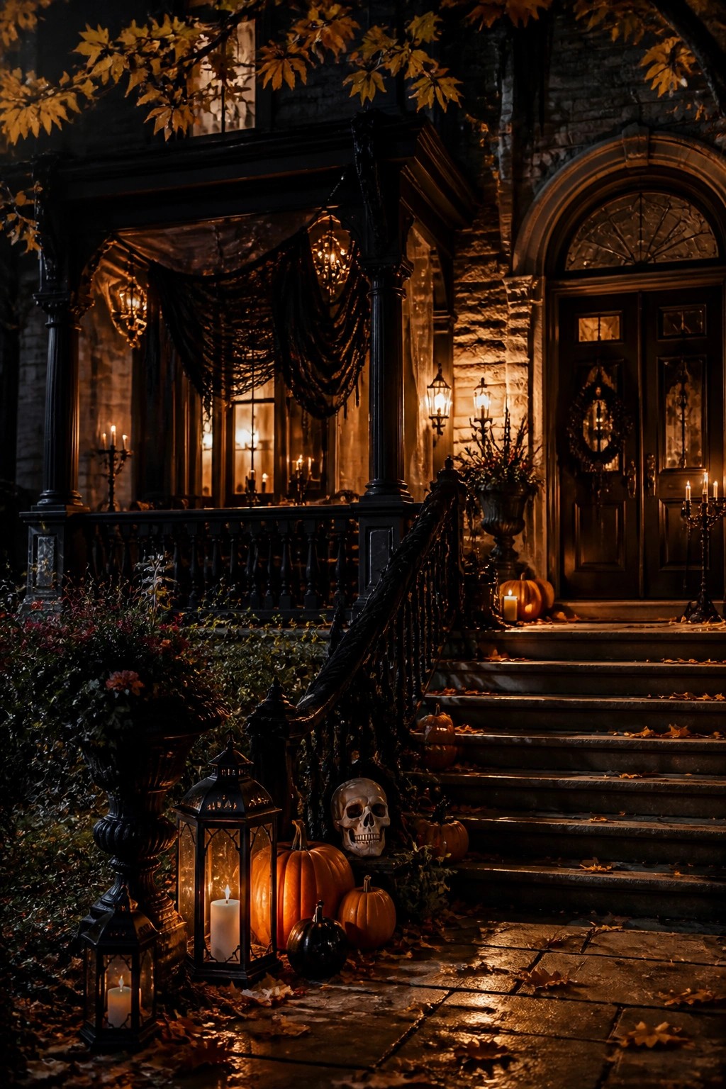 Spooky mansion porch with pumpkins, skull, glowing lanterns, and autumn leaves at night