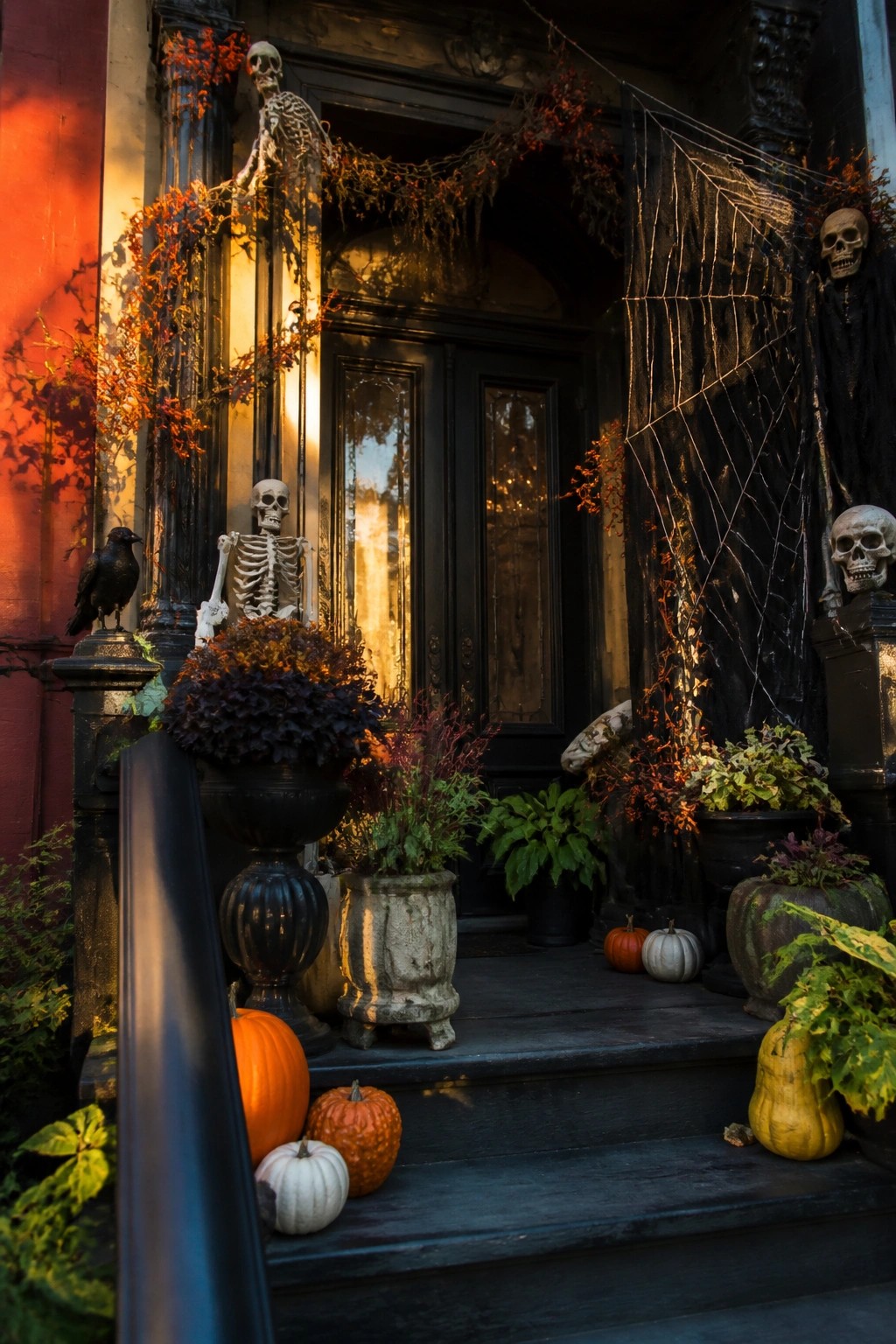Front porch decorated with multiple skeletons, skulls, and large spiderwebs around a dark double door, along with pumpkins on the steps.