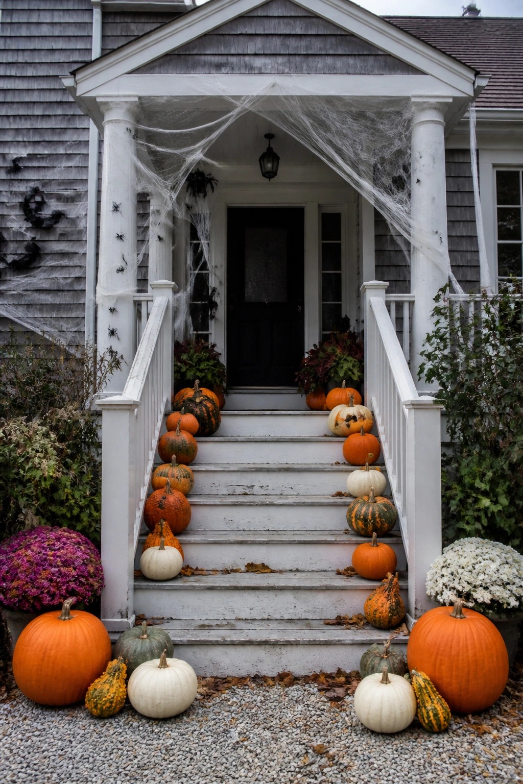 White porch stairs lined with pumpkins, spiderwebs, and fall mums for Halloween.
