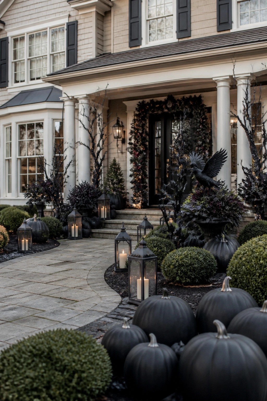 Front porch decorated with black crow statues, black pumpkins, dark branches, and lanterns leading to a house entrance.