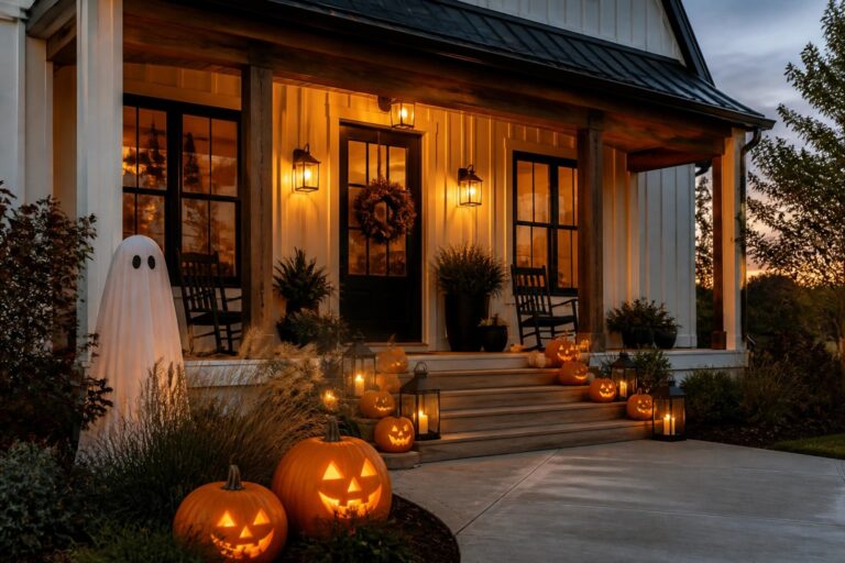 20 Halloween House Exterior Decor Ideas That Turn Heads Front porch steps lined with carved jack o lanterns of various sizes, some orange and some white, with warm lanterns and fall flowers nearby.