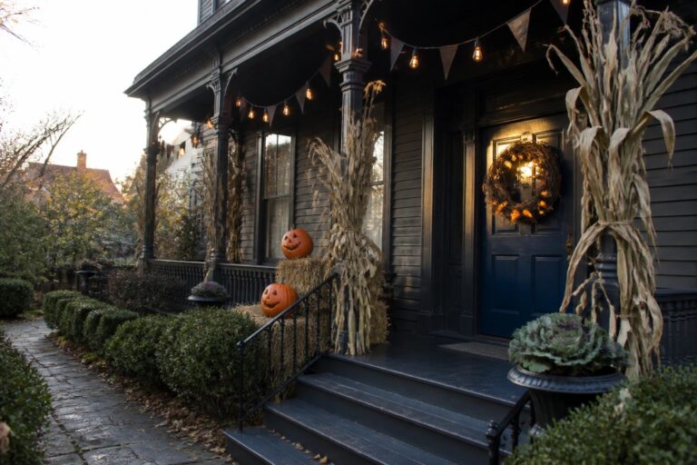 20 Halloween House Exterior Decor Ideas That Turn Heads A blue Victorian house exterior with pumpkins on hay bales beside the front steps, a wreath on the door, and string lights along the porch overhang.