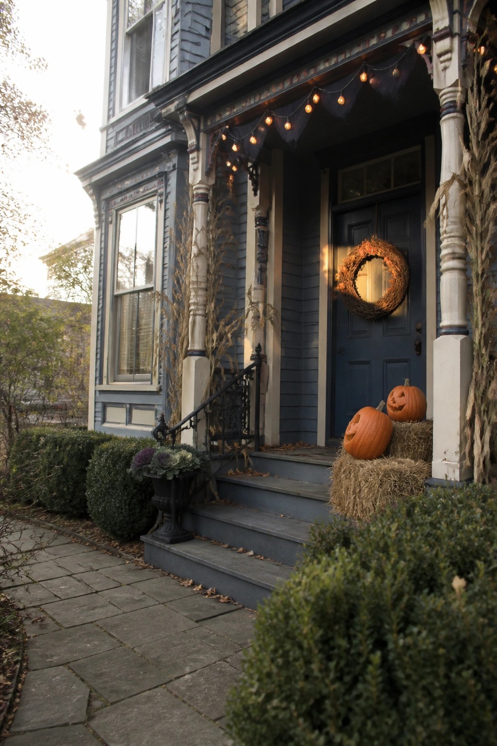 A blue Victorian house exterior with pumpkins on hay bales beside the front steps, a wreath on the door, and string lights along the porch overhang.