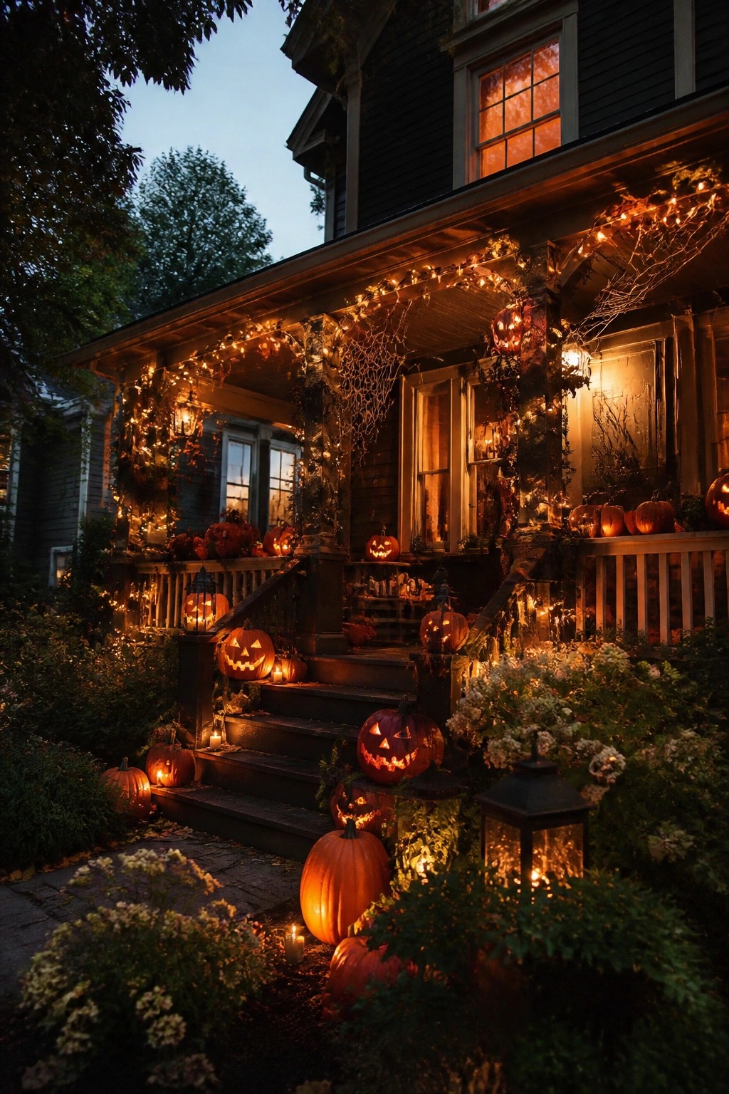 Front porch covered in carved and lit jack o lanterns placed on the steps, railings, and ground with string lights and spiderwebs.