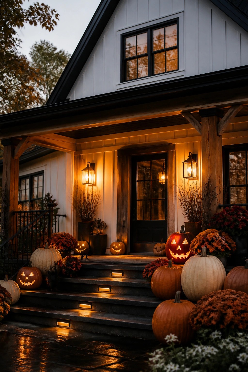 Front porch steps lined with carved jack o lanterns of various sizes, some orange and some white, with warm lanterns and fall flowers nearby.