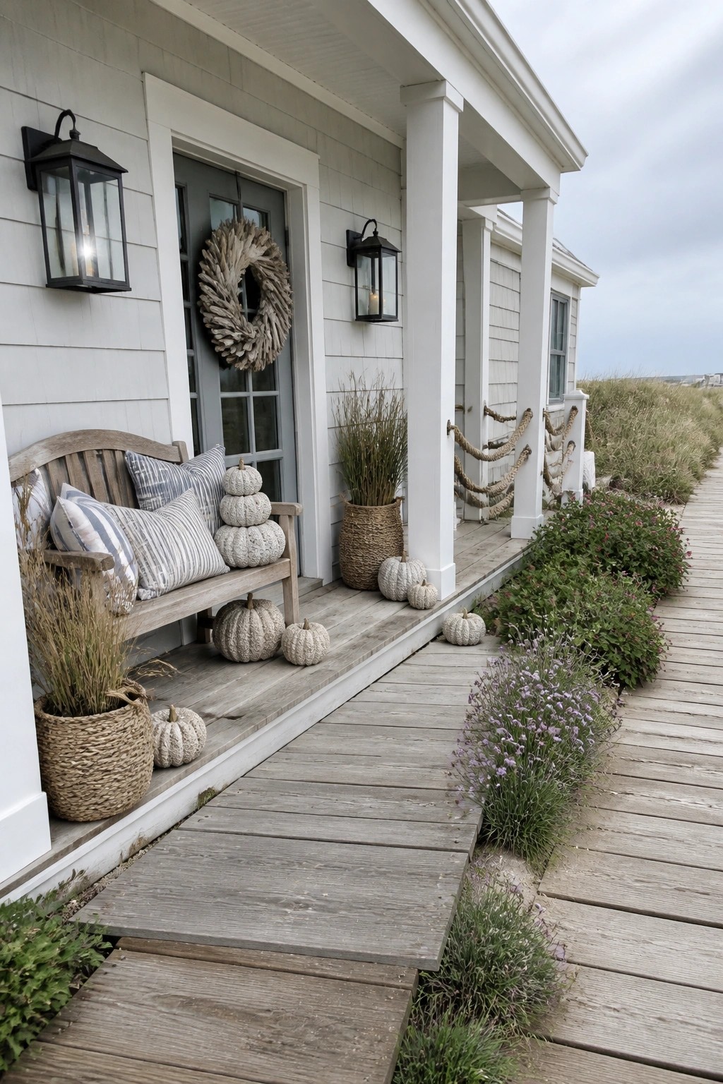 A white house porch with gray door, wooden bench with striped pillows, multiple white and gray pumpkins arranged on the steps and deck, woven baskets, lanterns on the wall, and rope railing detail.