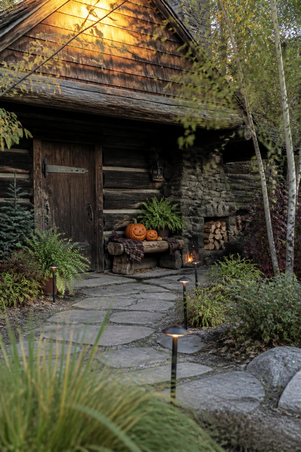 A log cabin exterior shows two carved pumpkins on a wooden bench near the front door, with pathway lights along a stone walk.