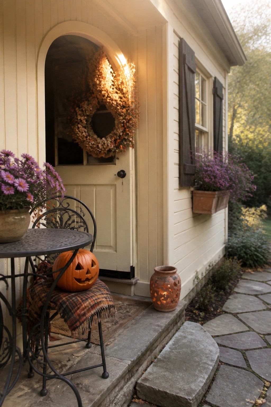 Autumn porch with jack-o'-lantern on chair, wreath on door, and glowing lantern.