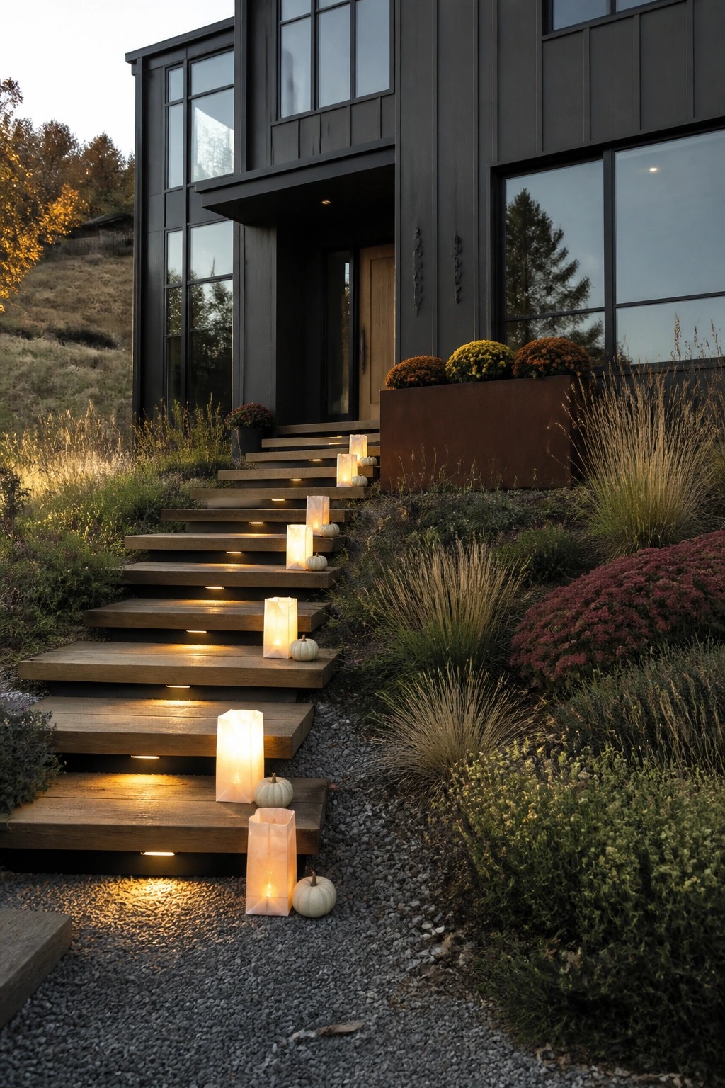 Modern dark house with glowing lanterns and pumpkins lining wooden stairs at dusk.