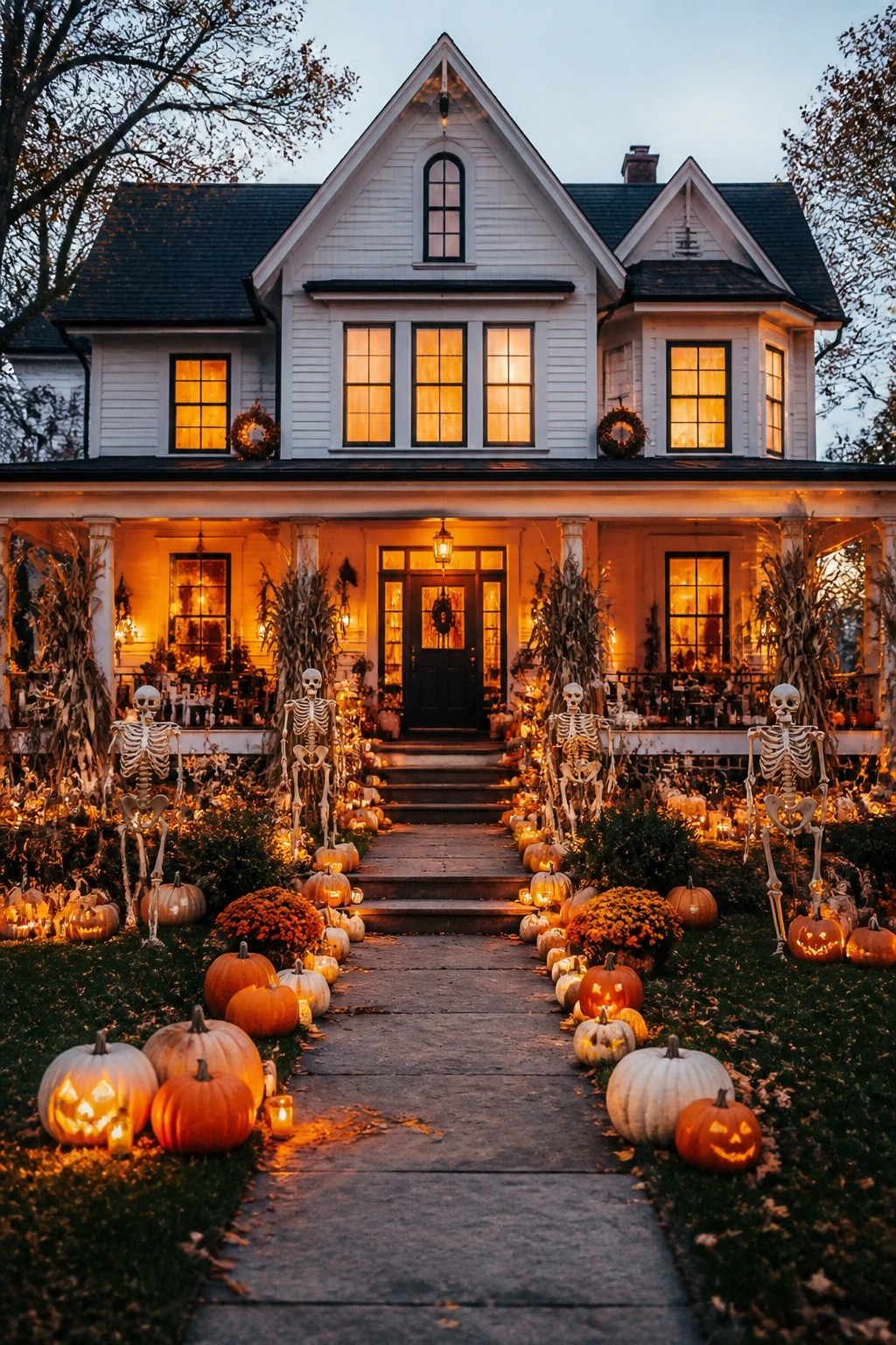 White house exterior with skeletons positioned along the front walkway and porch, surrounded by glowing jack o lanterns and corn stalks.