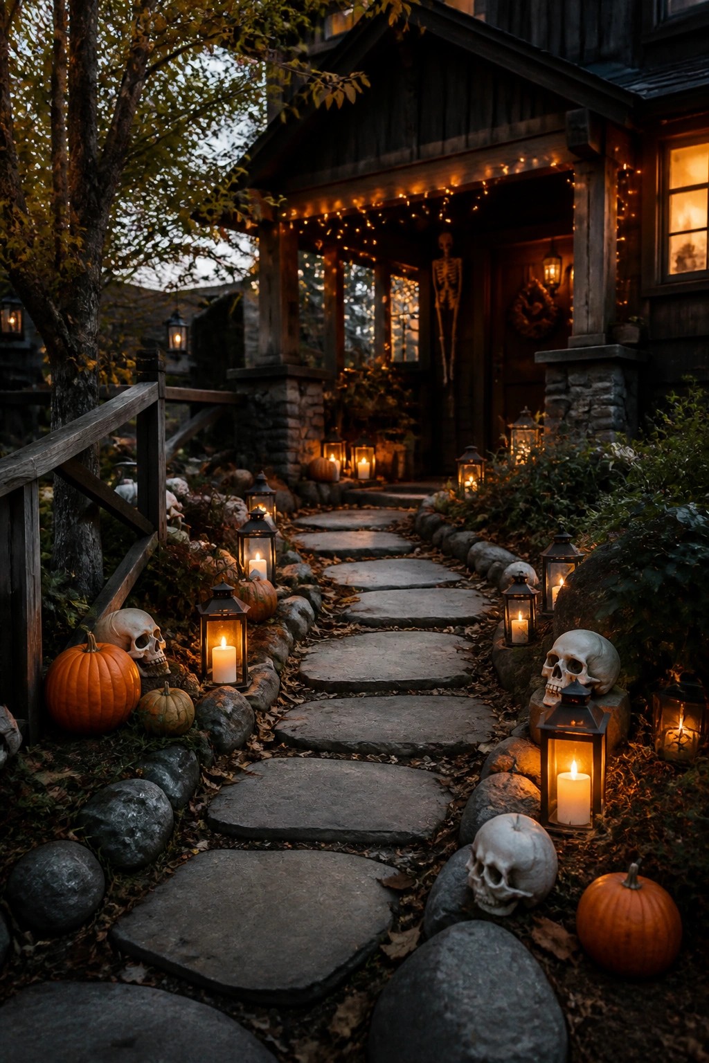 Stone walkway lined with skulls, pumpkins, and glowing lanterns leading to a porch decorated with a hanging skeleton and string lights.