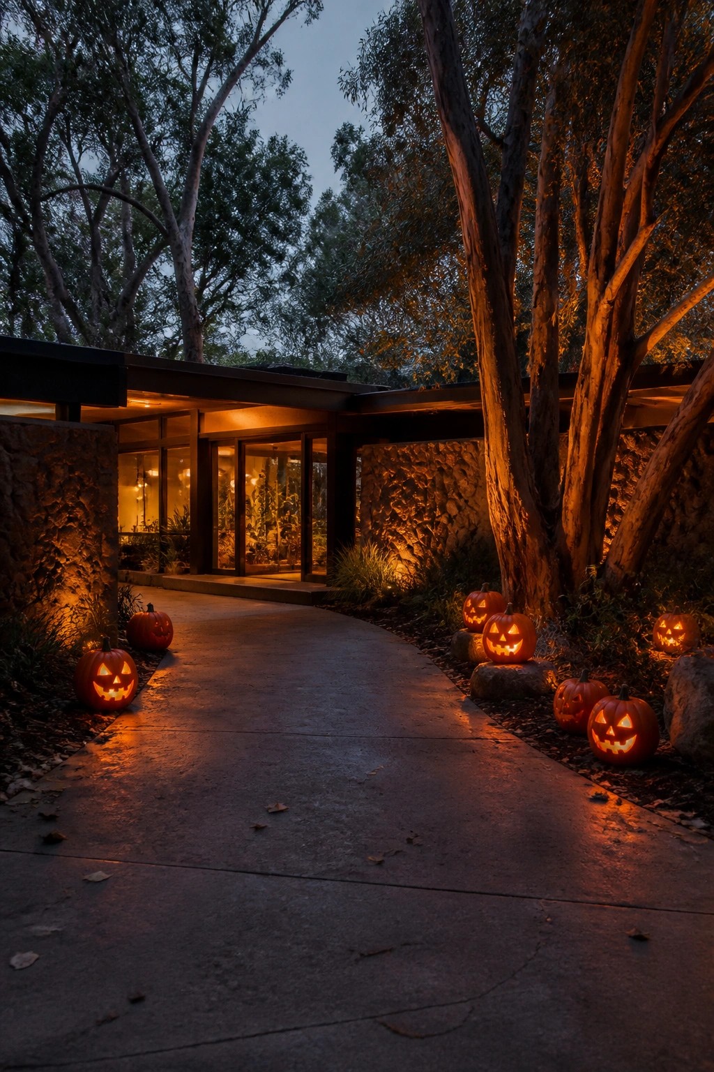 Lit jack-o'-lanterns line a curved path to a modern house at dusk.