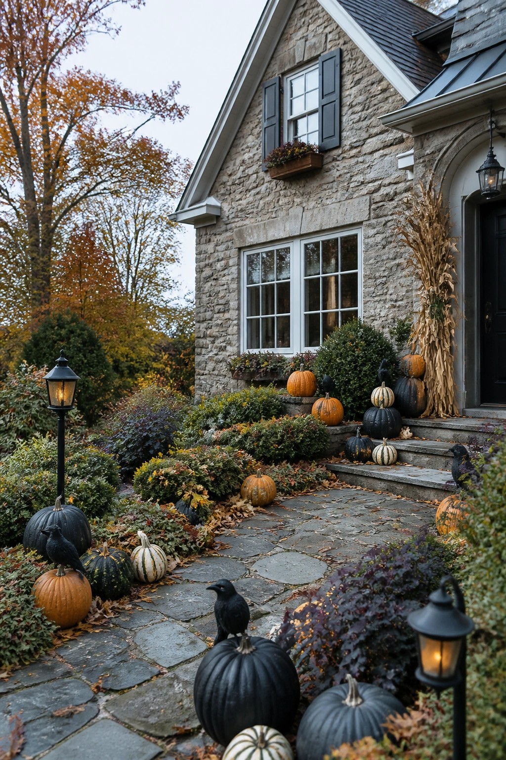 Stone walkway leading to a house entrance lined with orange and black pumpkins and black crows perched on several of them.