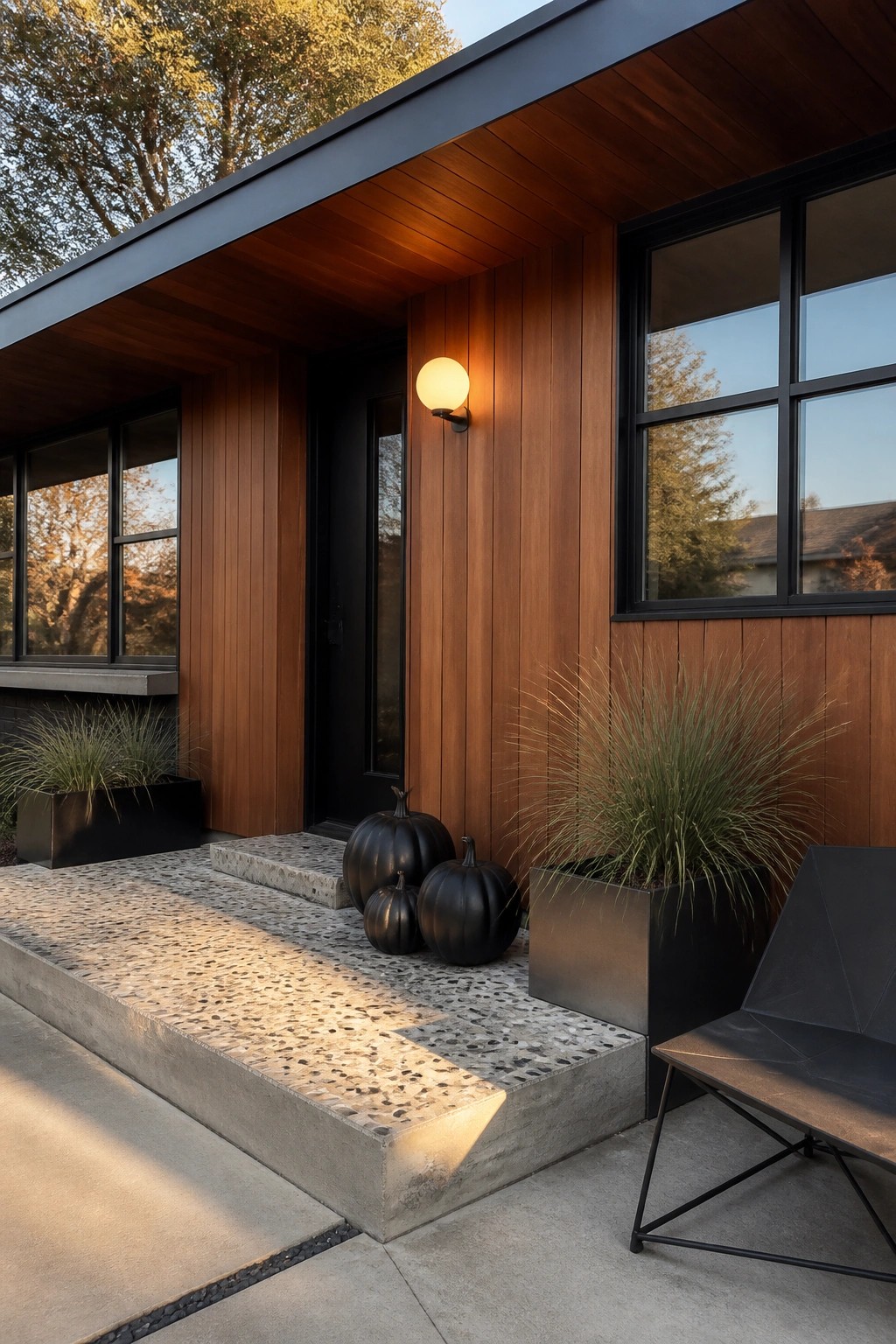 Modern house entry with vertical wood siding, black door and windows, concrete steps, and several matte black pumpkins placed near potted grasses.