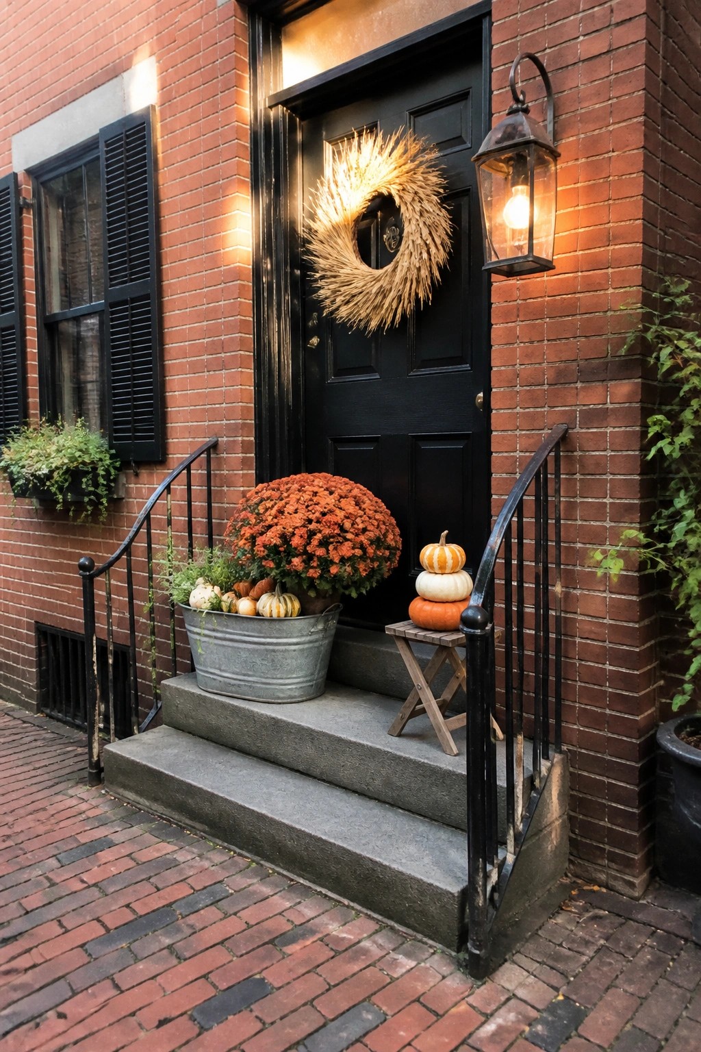 A black front door on a red brick house with a straw wreath, a large orange mum in a metal tub on the steps, and three stacked pumpkins on a small wooden stool.