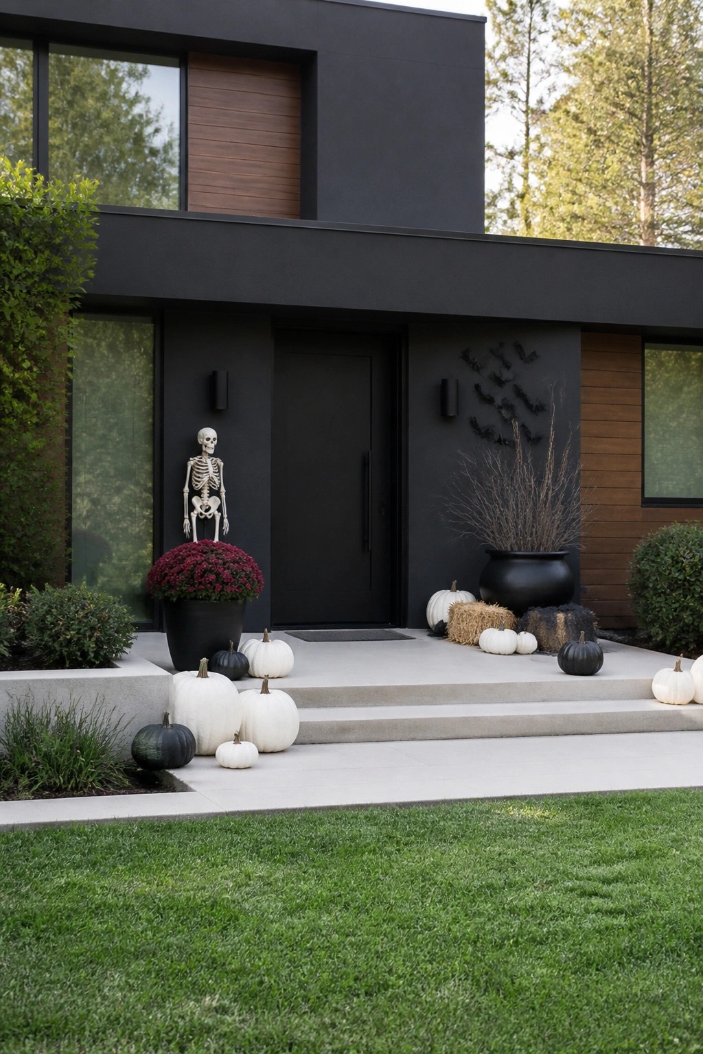 Modern dark house porch with skeleton, white pumpkins, black cauldron, and bats.