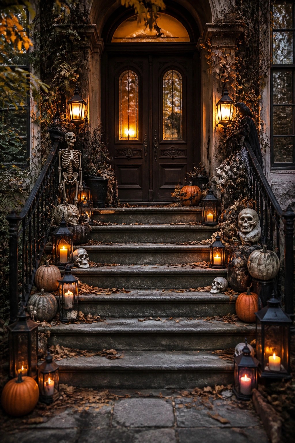 Stone steps with skulls, pumpkins, skeletons and lanterns lead to wooden doors
