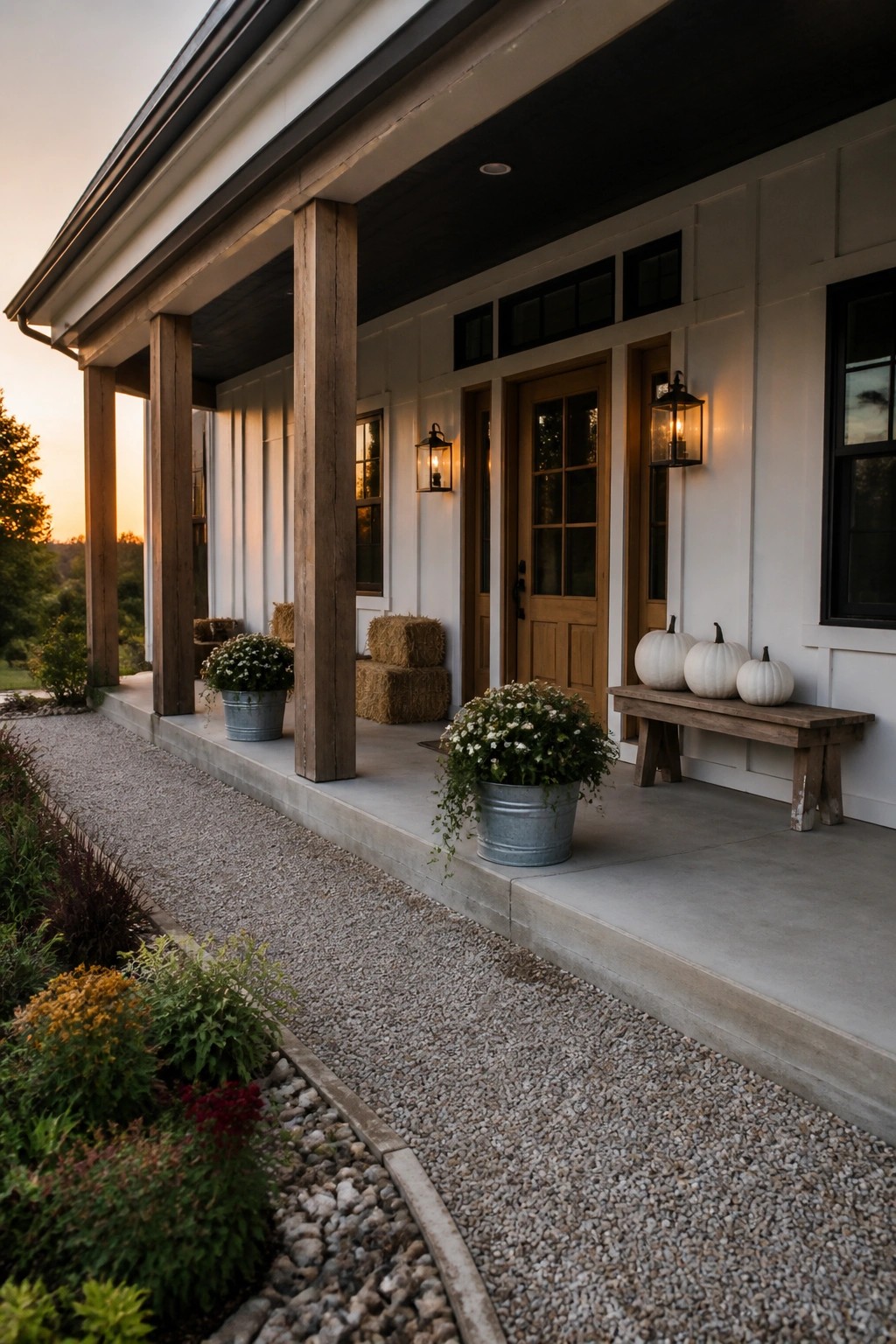 A white house porch at dusk with a wooden bench holding three white pumpkins, flanked by potted flowers and hay bales.