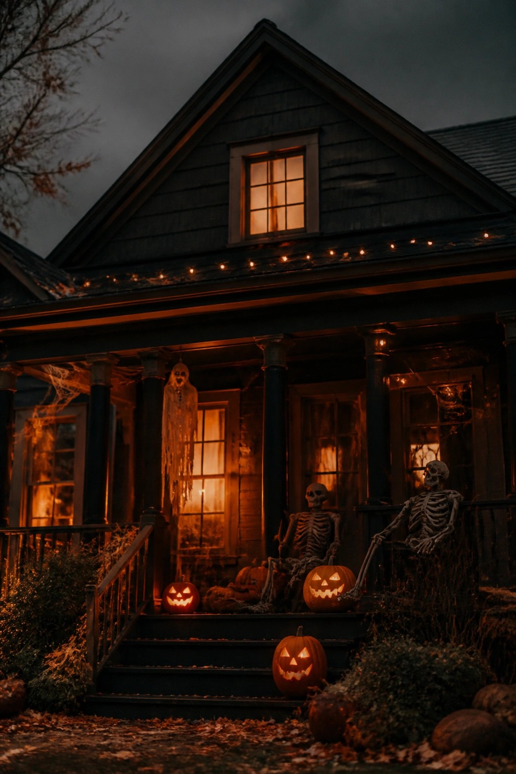 Front porch at night with two posed plastic skeletons, several lit jack-o'-lanterns on the steps, a hanging ghost figure, and spiderwebs strung across the columns.