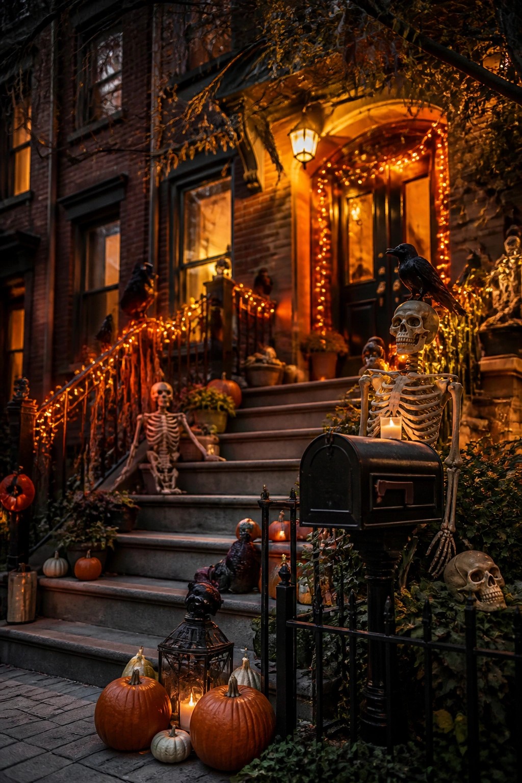 Front porch of a brick house with multiple skeletons posed on the steps and beside a mailbox, surrounded by pumpkins and string lights.