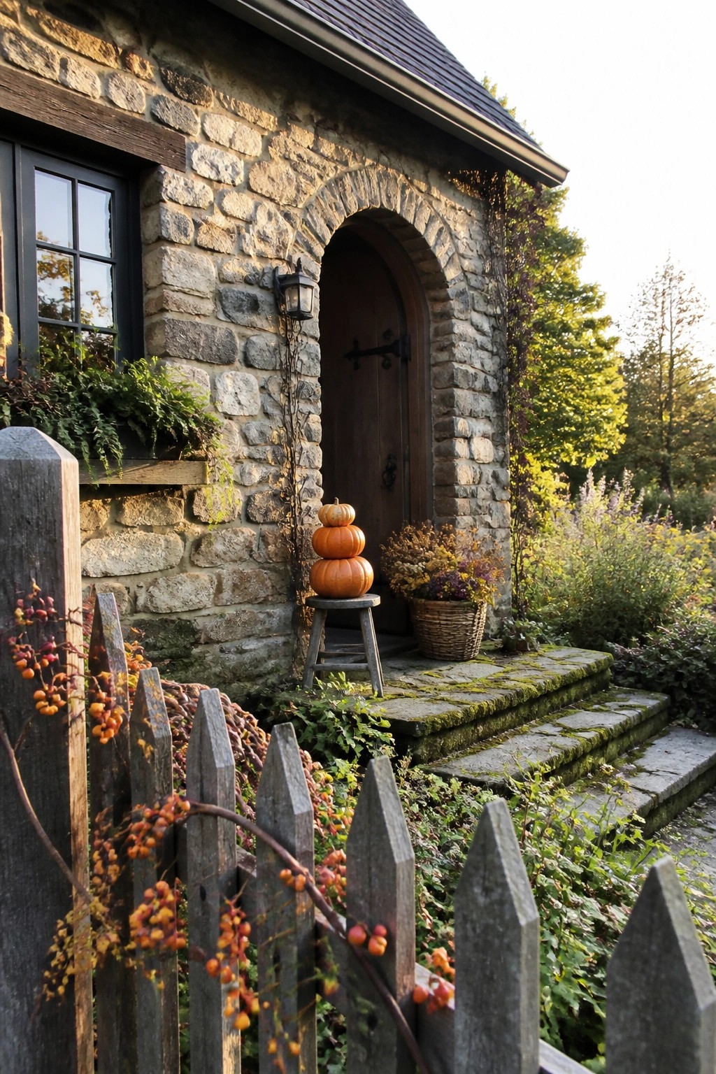 Stone cottage entrance with stacked pumpkins on stool, mossy steps, and autumn fence.