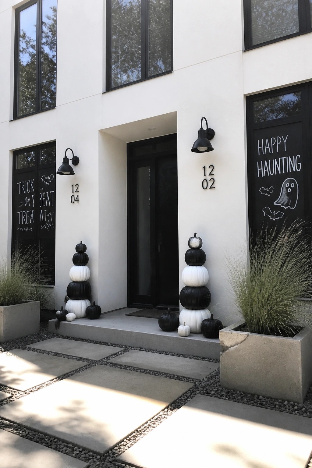 Modern house entrance with two stacks of black and white pumpkins flanking a black door, chalkboard panels on the side doors, and concrete planters with tall grass.
