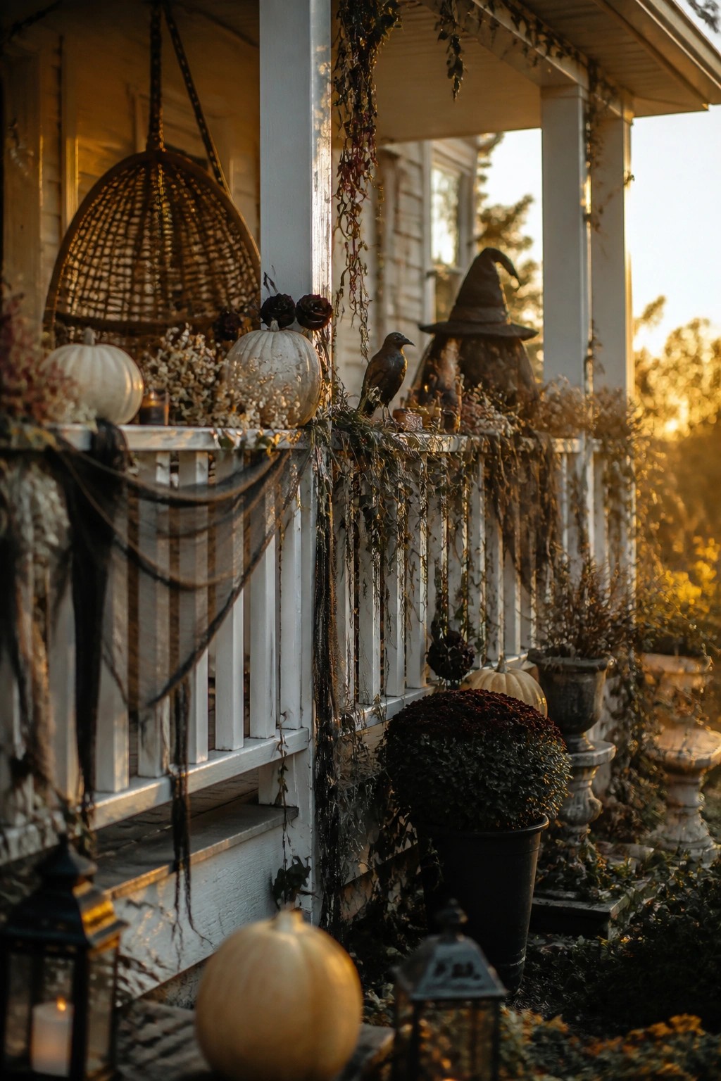 Front porch with a large witch hat placed among white pumpkins, dried vines, and lanterns along a white railing.