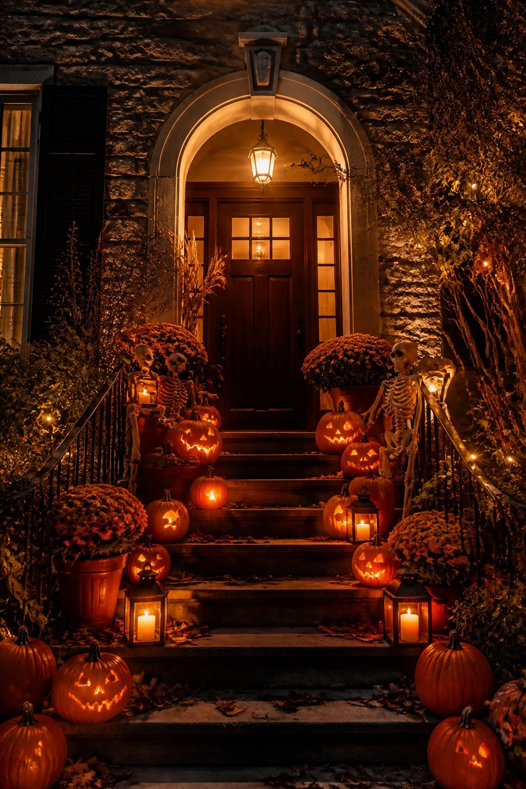Stone house front steps decorated with skeletons, carved jack o lanterns, and lanterns at night.