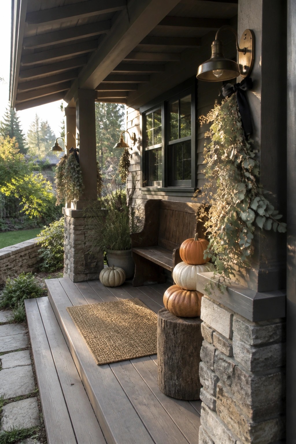 Rustic porch with wooden bench, stacked pumpkins on stump, burlap rug, and greenery.