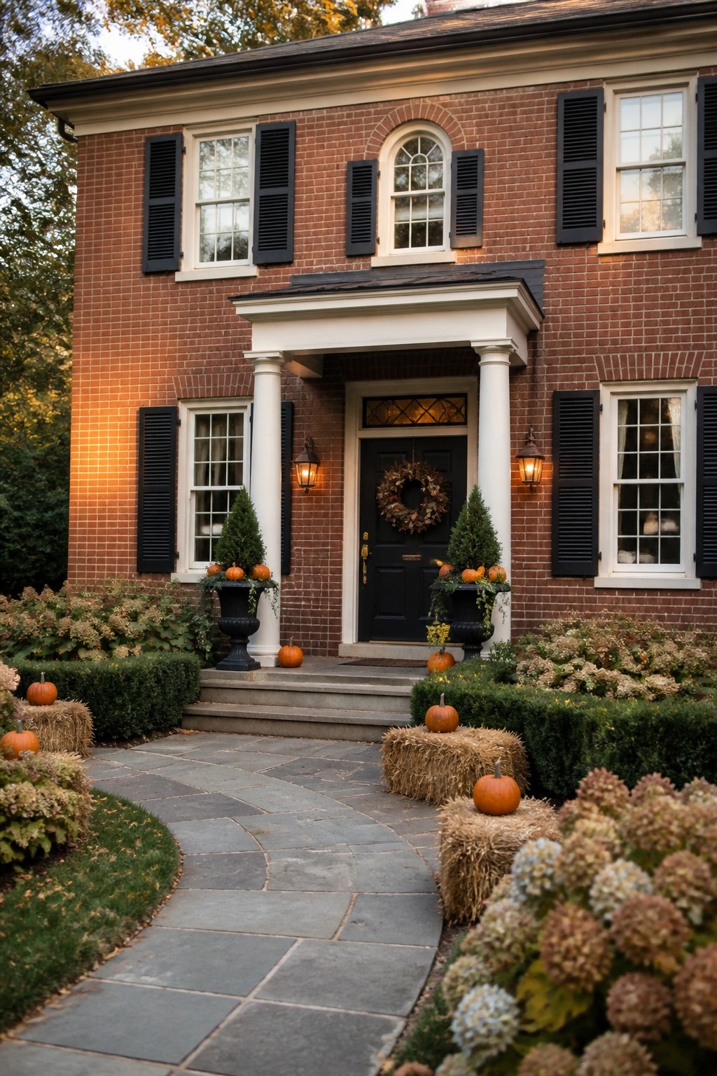 Brick house with black door, white columns, pumpkins on hay bales, and autumn flowers.