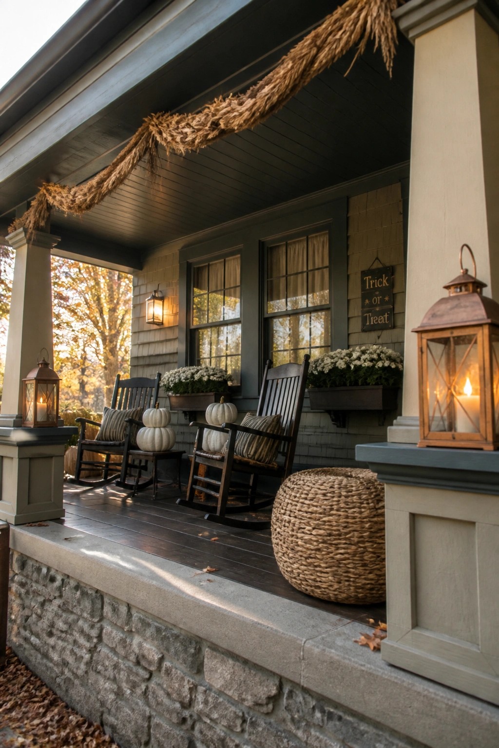 A front porch with dark wood rocking chairs, white pumpkins, lit lanterns, and a dried wheat garland hanging from the ceiling.