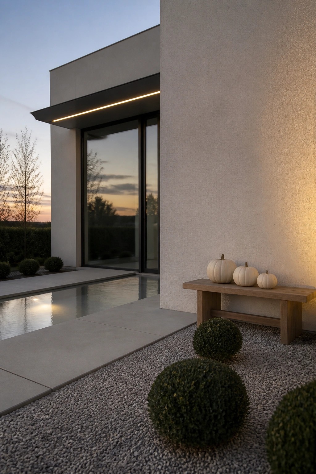Modern concrete house exterior at dusk with a wooden bench holding three white pumpkins next to round shrubs and gravel.